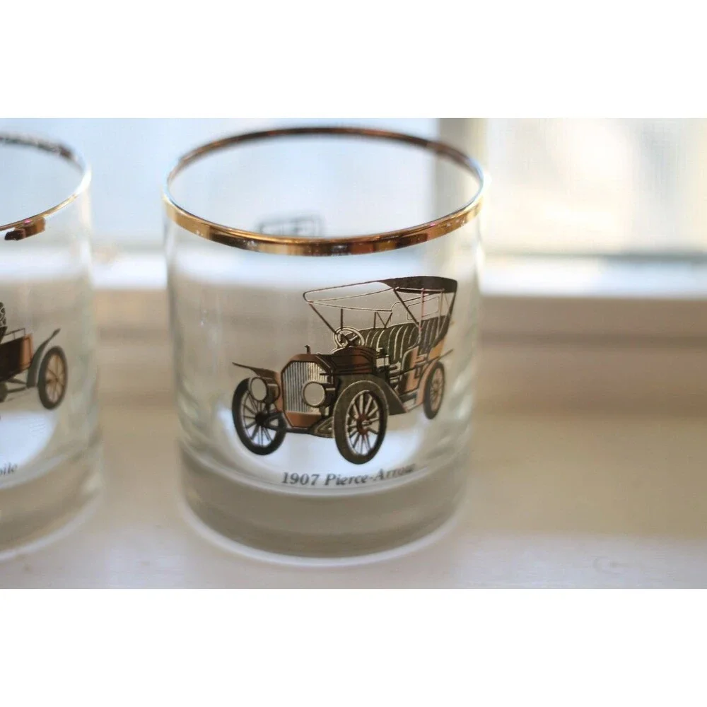2 Classic Car Cocktail Gold Rimmed Glasses 1903 Oldsmobile 1907 Pierce Arrow GTE